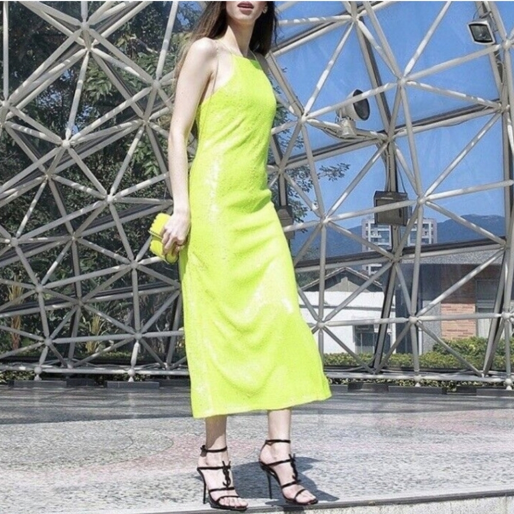 NWT ZARA Neon Green Sequin Strappy Back Square Neck Midi Dress